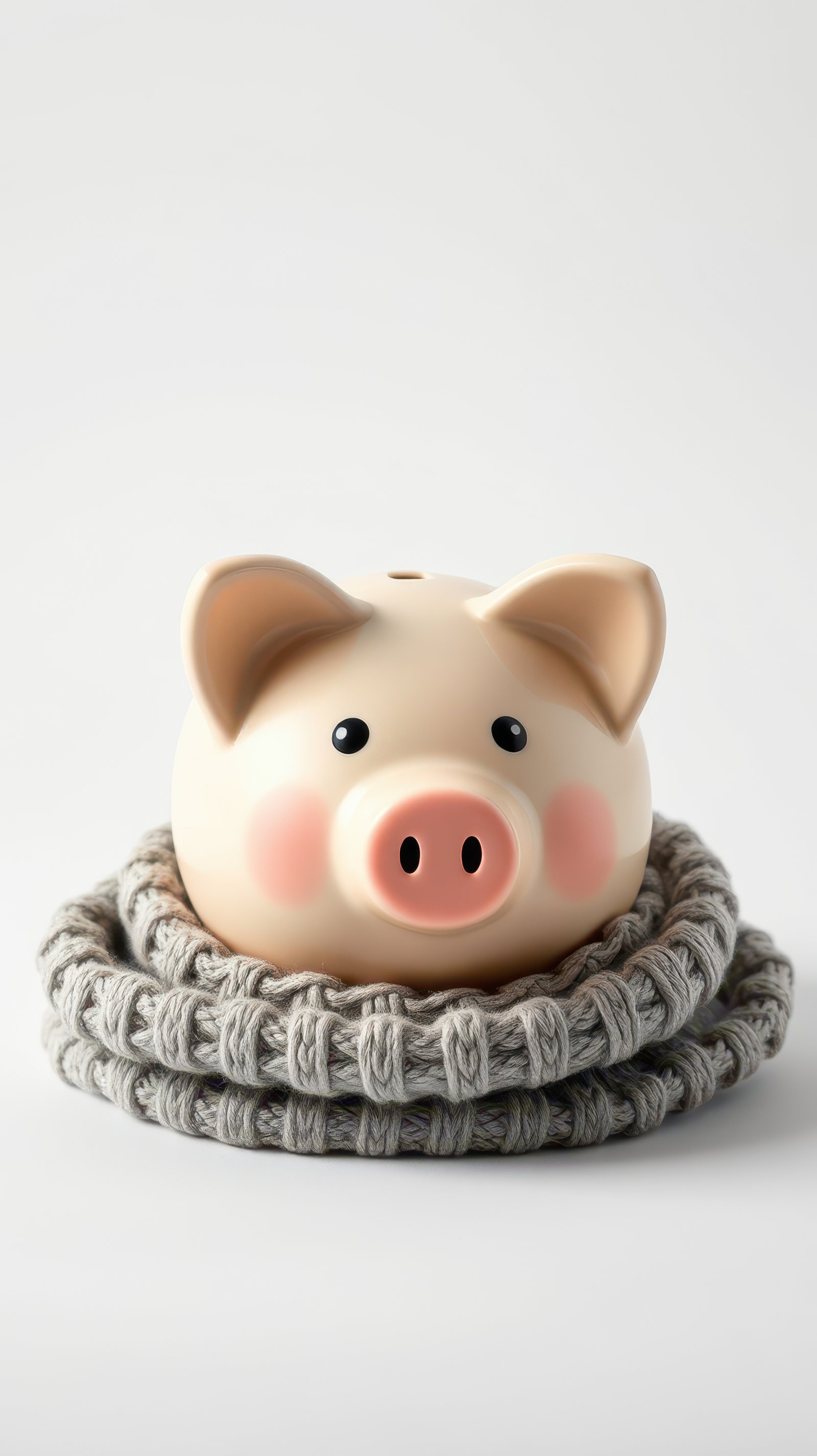 Cute piggy bank with knitted scarf on a neutral background during a cozy indoor setting